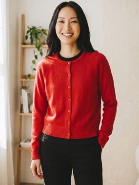 Rumored Red Button-Front Crewneck Cardigan